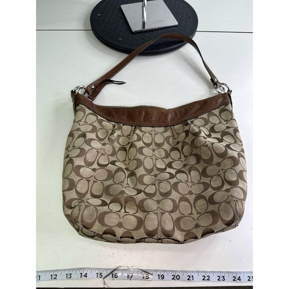 WORN - COACH F13744 Brown Signature Ashley Shoulder Leather trim Hobo Bag - Picture 6 of 12